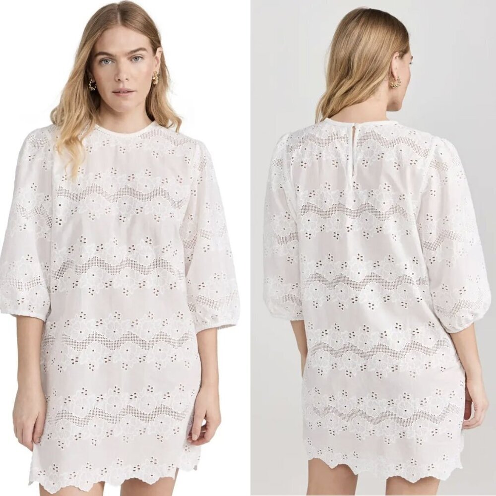 Natalie Martin Lisa Cotton White Eyelet 3/4 Balloon Sleeves Crew Neck Dress, XL